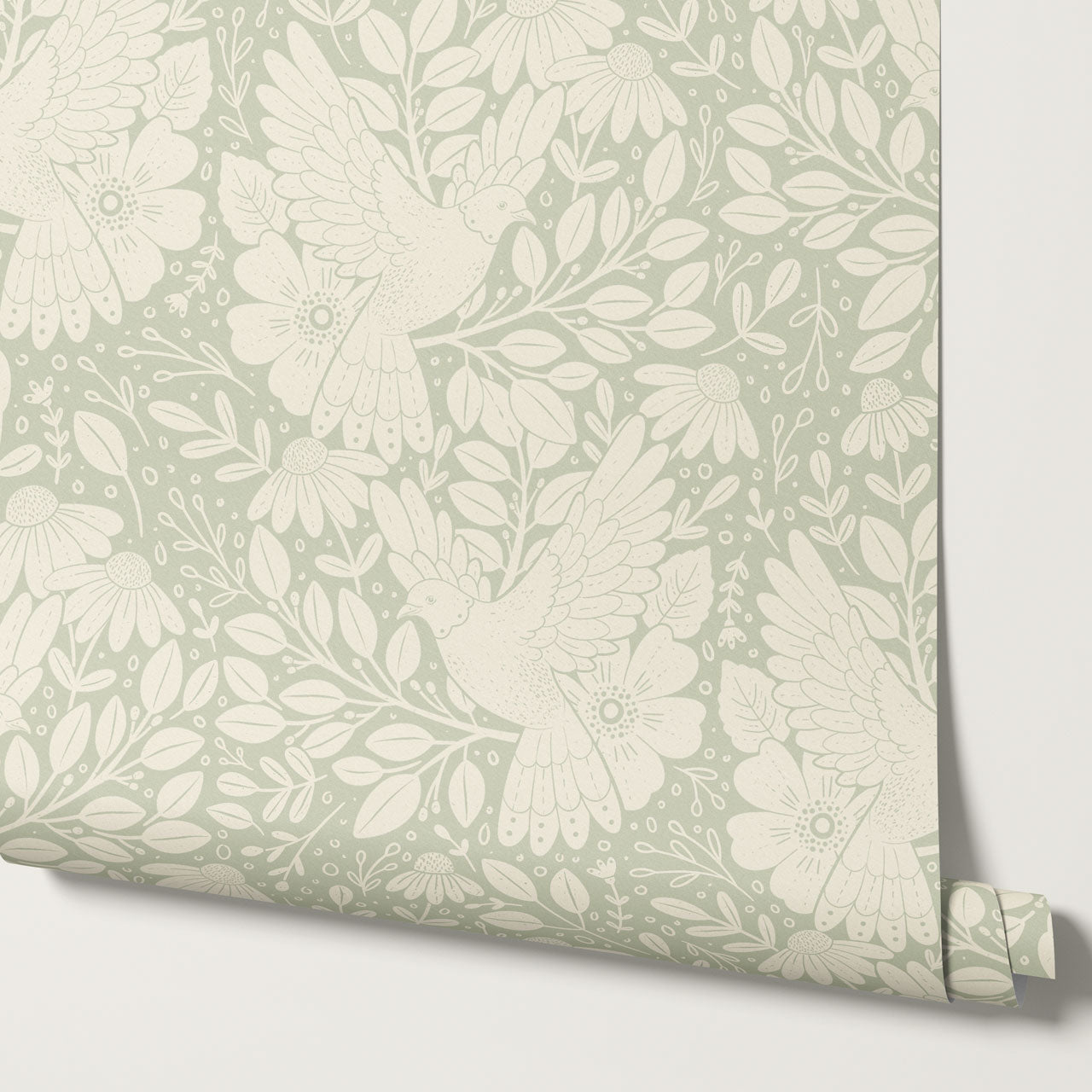 Fae Doves Cream Soft Green Wallpaper