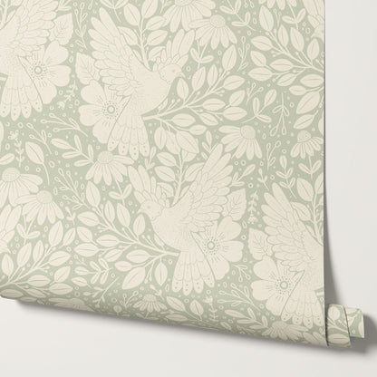 Fae Doves Cream Soft Green Wallpaper