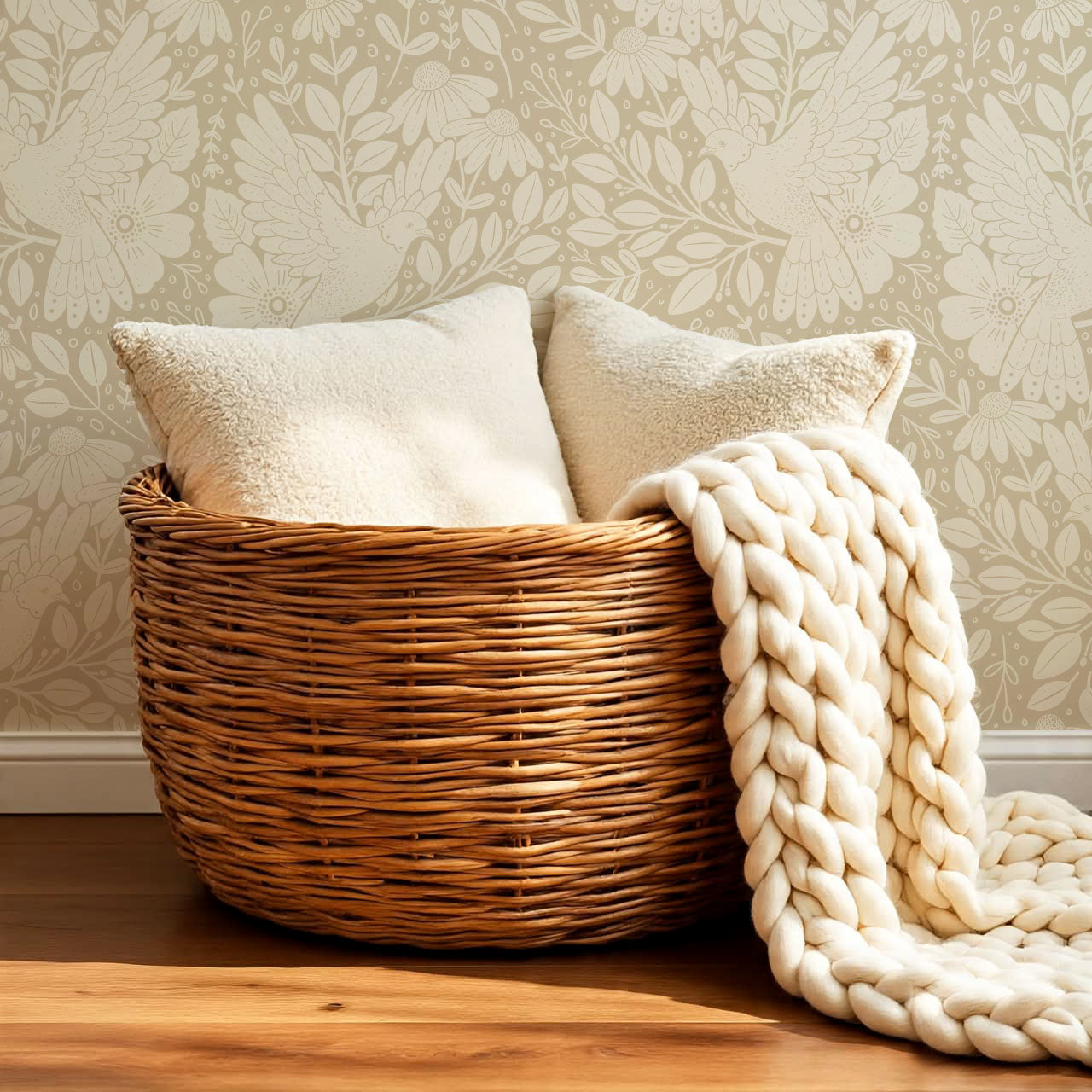 Fae Doves Beige Wallpaper