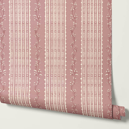 Feliciana Ticking Stripes Berry Rose Ivory Wallpaper