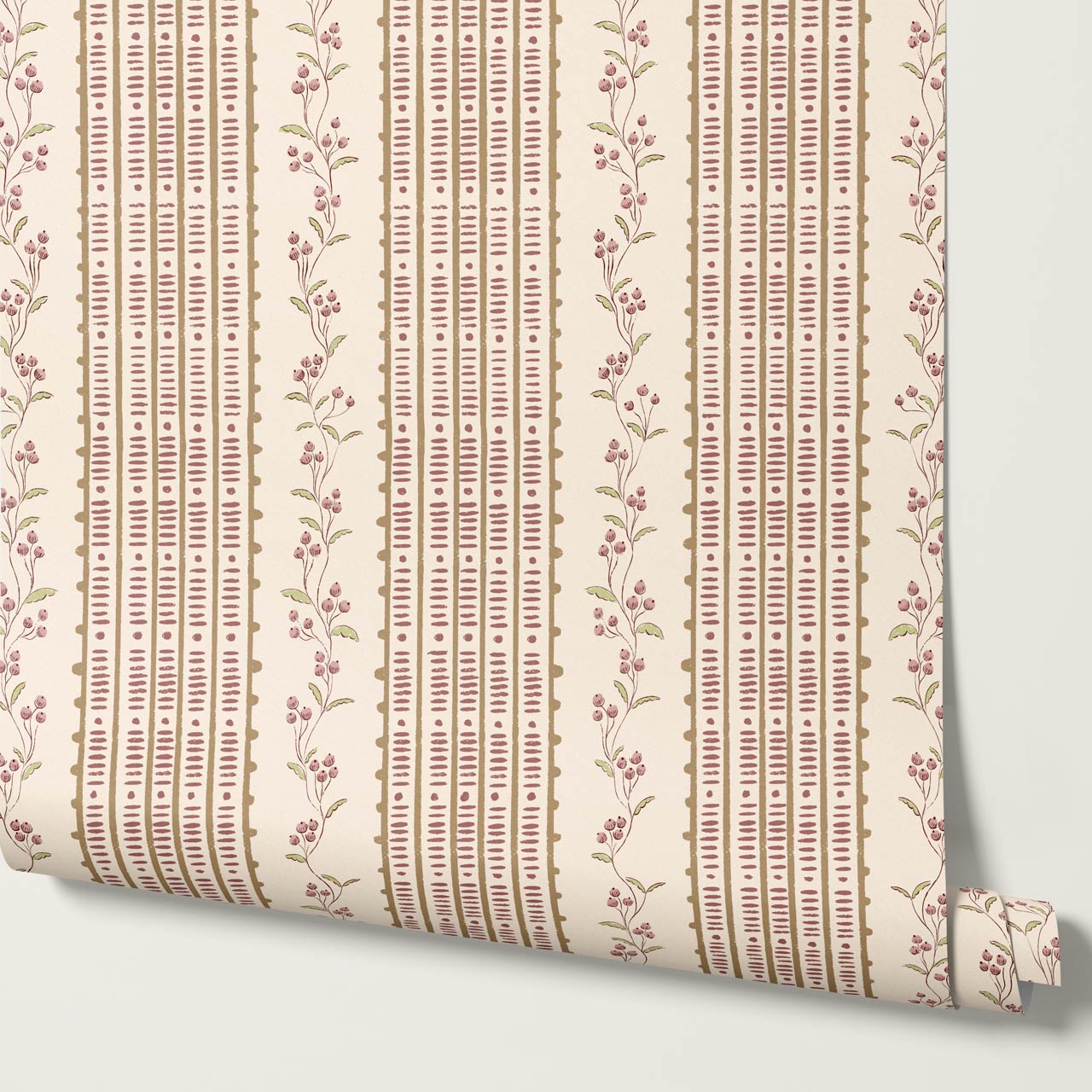 Feliciana Ticking Stripes Cream Rose Wallpaper