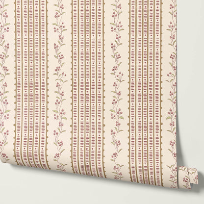 Feliciana Ticking Stripes Cream Rose Wallpaper