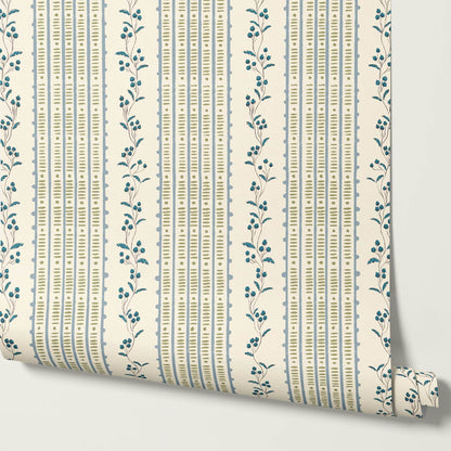 Feliciana Ticking Stripes French Blue Ivory Wallpaper