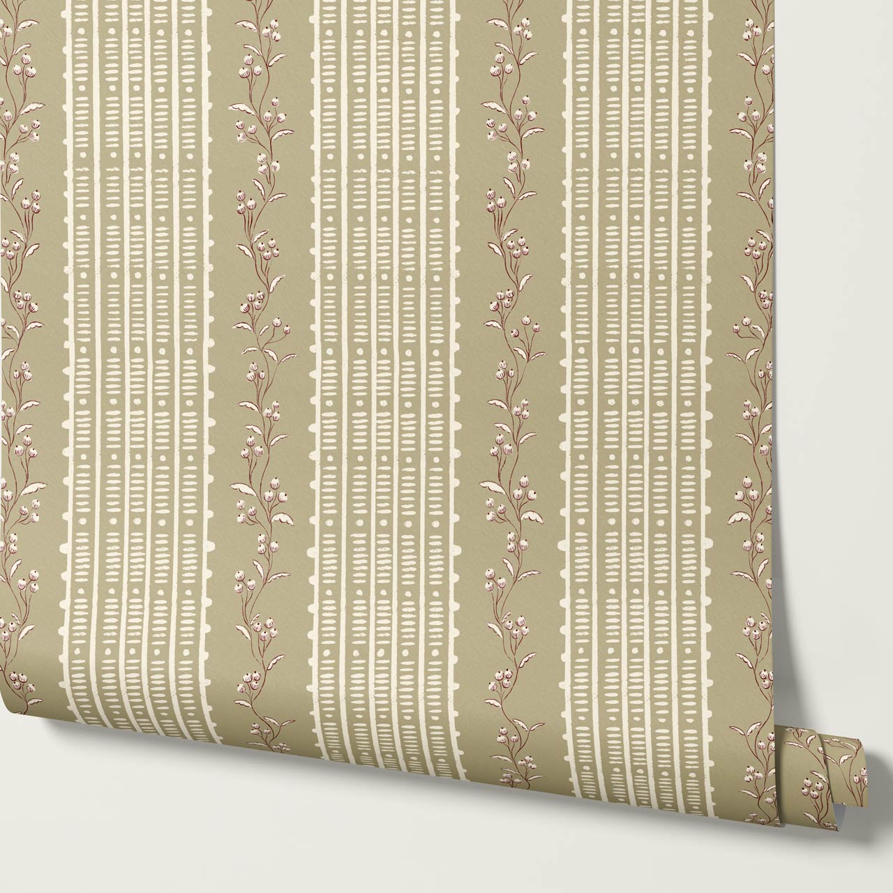Feliciana Ticking Stripes Olive Cream Wallpaper
