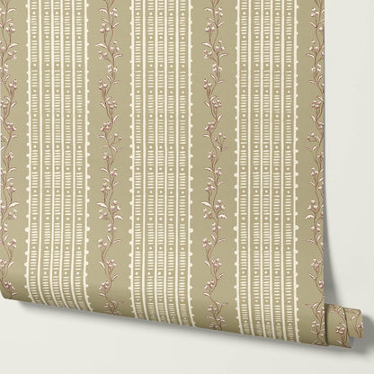 Feliciana Ticking Stripes Olive Cream Wallpaper