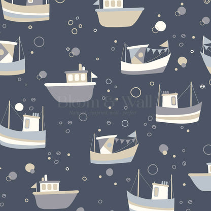 Felix Out to Sea Sailboats Blue Tan Wallpaper