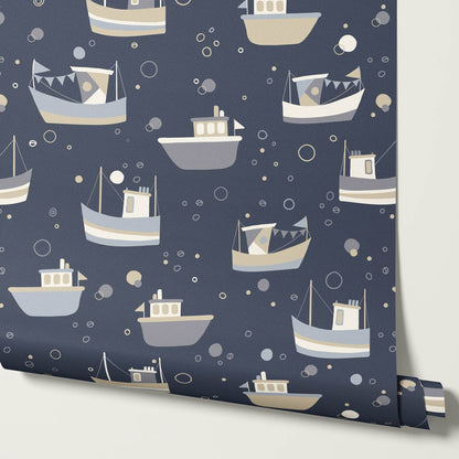 Felix Out to Sea Sailboats Blue Tan Wallpaper
