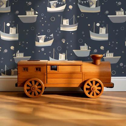 Felix Out to Sea Sailboats Blue Tan Wallpaper
