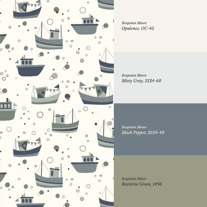 Felix Out to Sea Sailboats Cream Green Blue Wallpaper