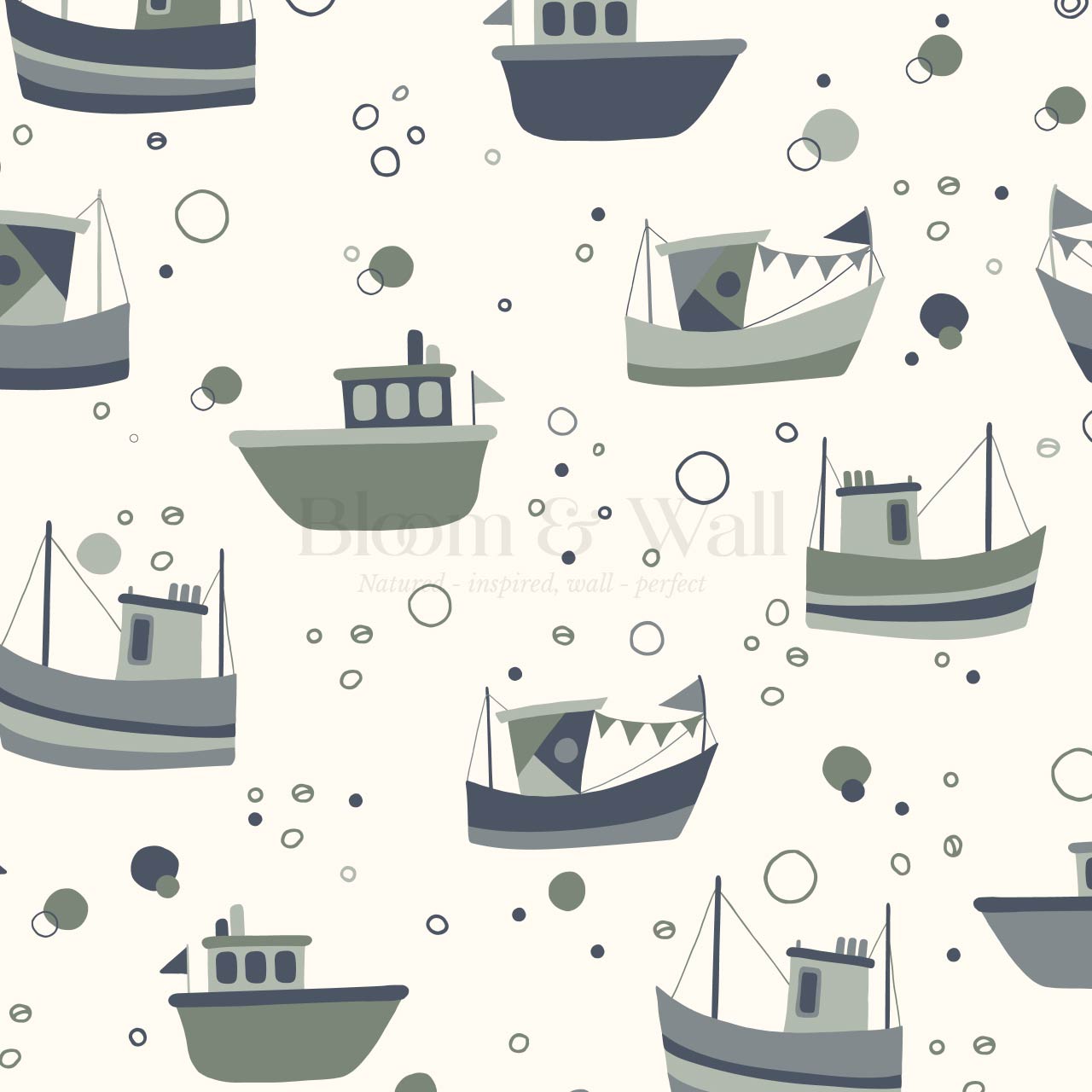Felix Out to Sea Sailboats Cream Green Blue Wallpaper