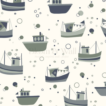 Felix Out to Sea Sailboats Cream Green Blue Wallpaper