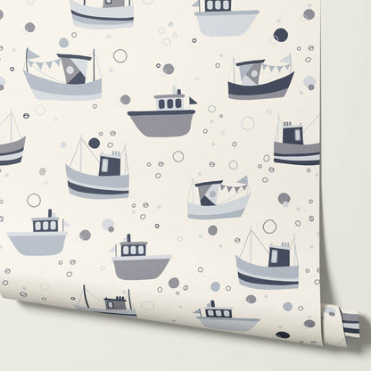 Felix Out to Sea Sailboats Cream Blue Wallpaper