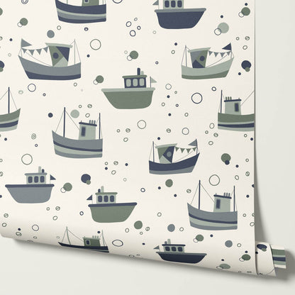 Felix Out to Sea Sailboats Cream Green Blue Wallpaper