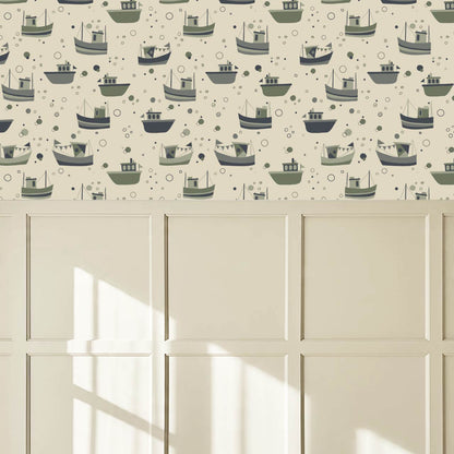 Felix Out to Sea Sailboats Cream Green Blue Wallpaper