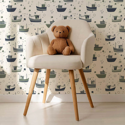 Felix Out to Sea Sailboats Cream Green Blue Wallpaper