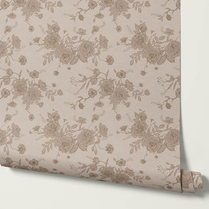 Fina Roses of Memory Muted Taupe Beige Wallpaper