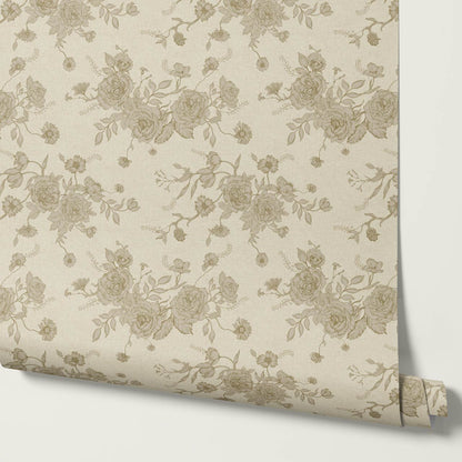Fina Roses of Memory Warm Beige Olive Wallpaper