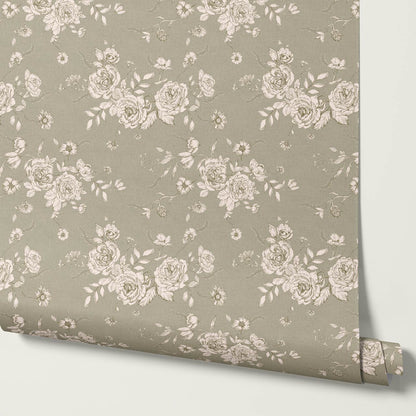 Fina Roses of Memory Laurel Green Cream Wallpaper
