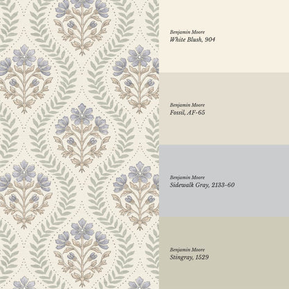 Flor Cosmos Flower Block Print Dry Sage Sky Cream Wallpaper