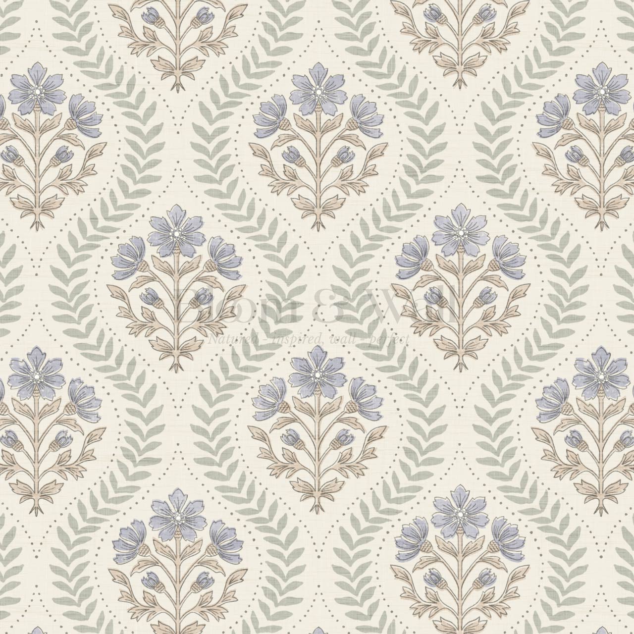 Flor Cosmos Flower Block Print Dry Sage Sky Cream Wallpaper