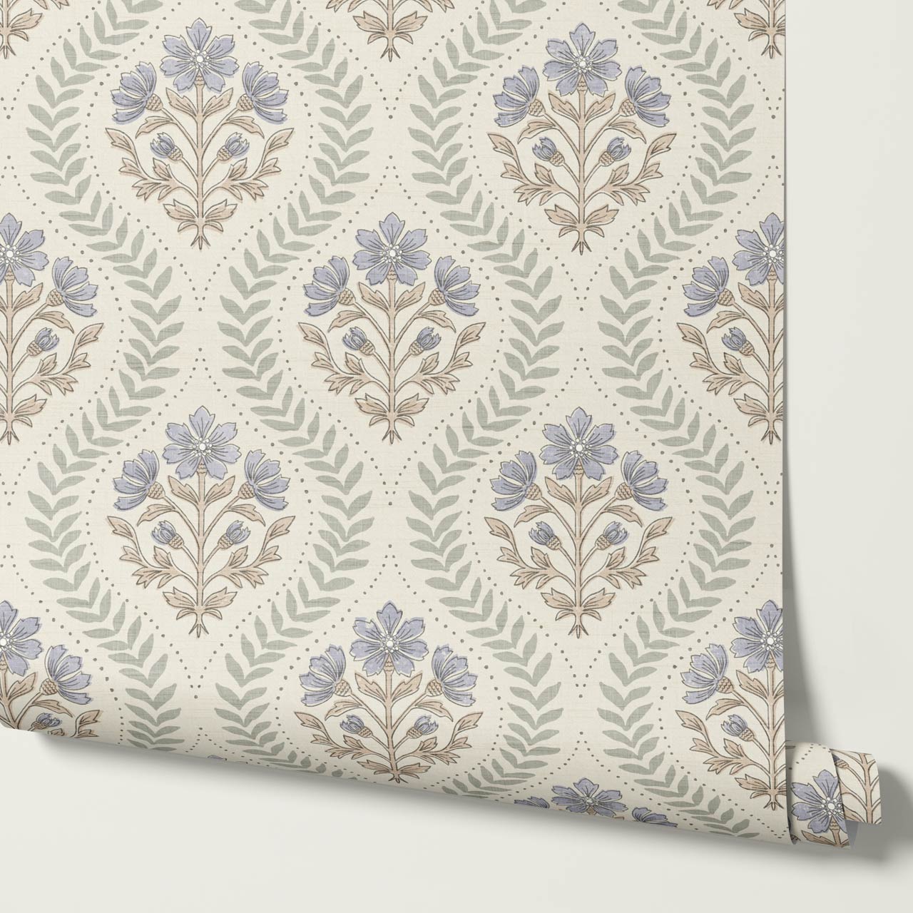 Flor Cosmos Flower Block Print Dry Sage Sky Cream Wallpaper