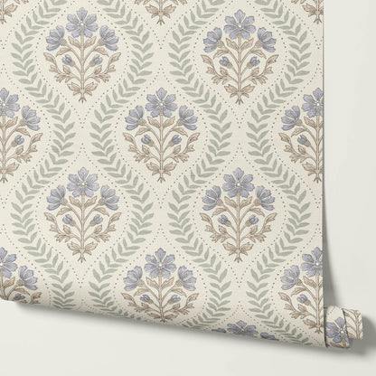 Flor Cosmos Flower Block Print Dry Sage Sky Cream Wallpaper