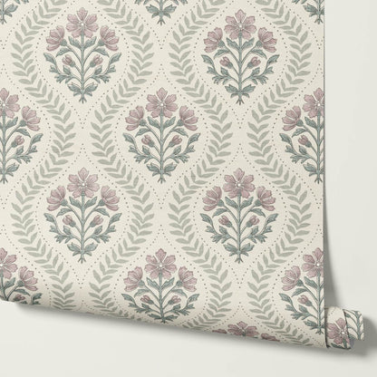 Flor Cosmos Flower Block Print Ivory Mauve Wallpaper