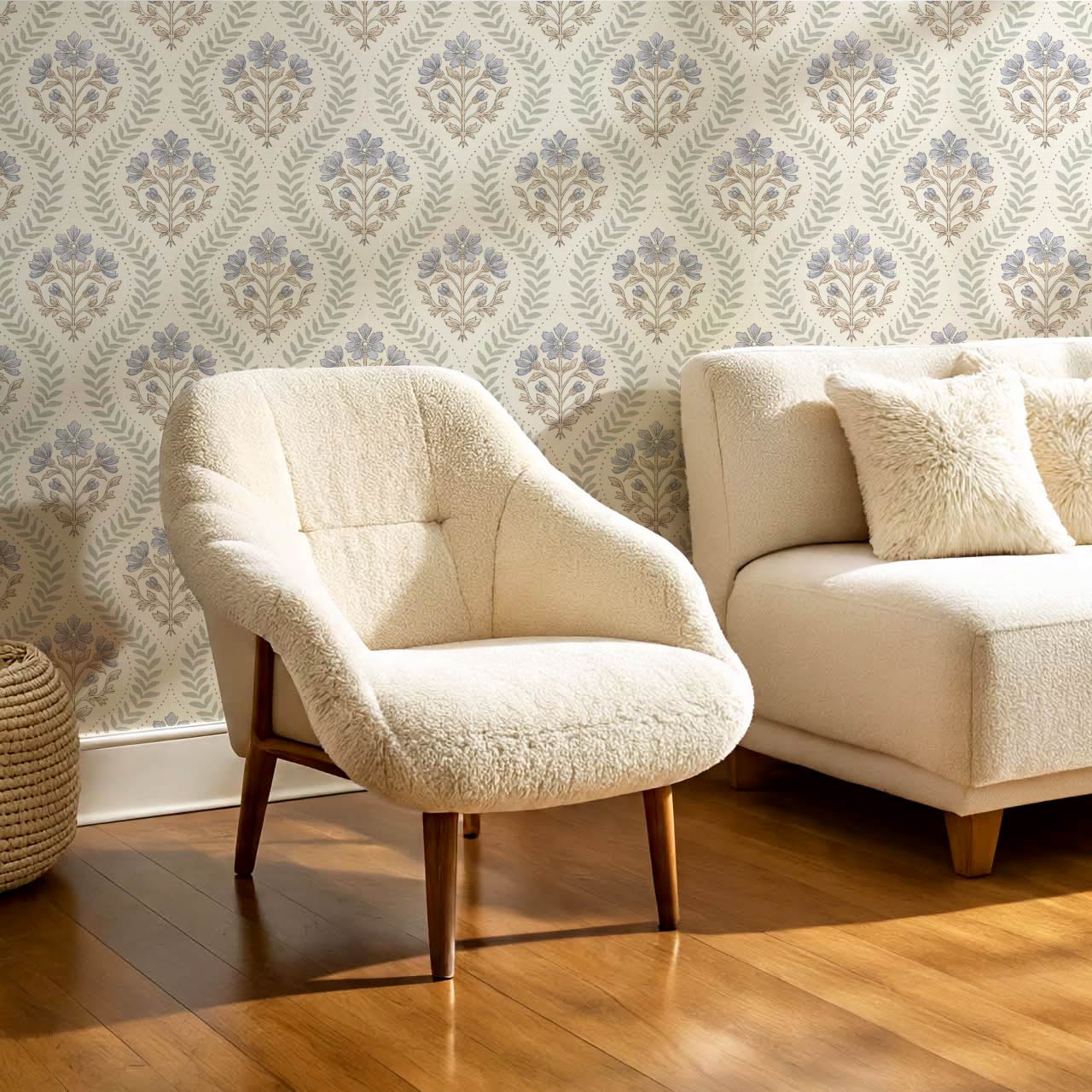 Flor Cosmos Flower Block Print Dry Sage Sky Cream Wallpaper