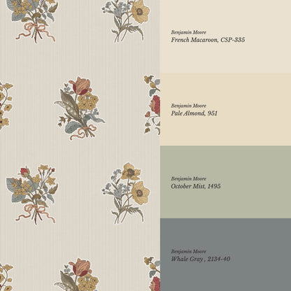 Florencia Antique Blooms Striped Almond Mustard Wallpaper