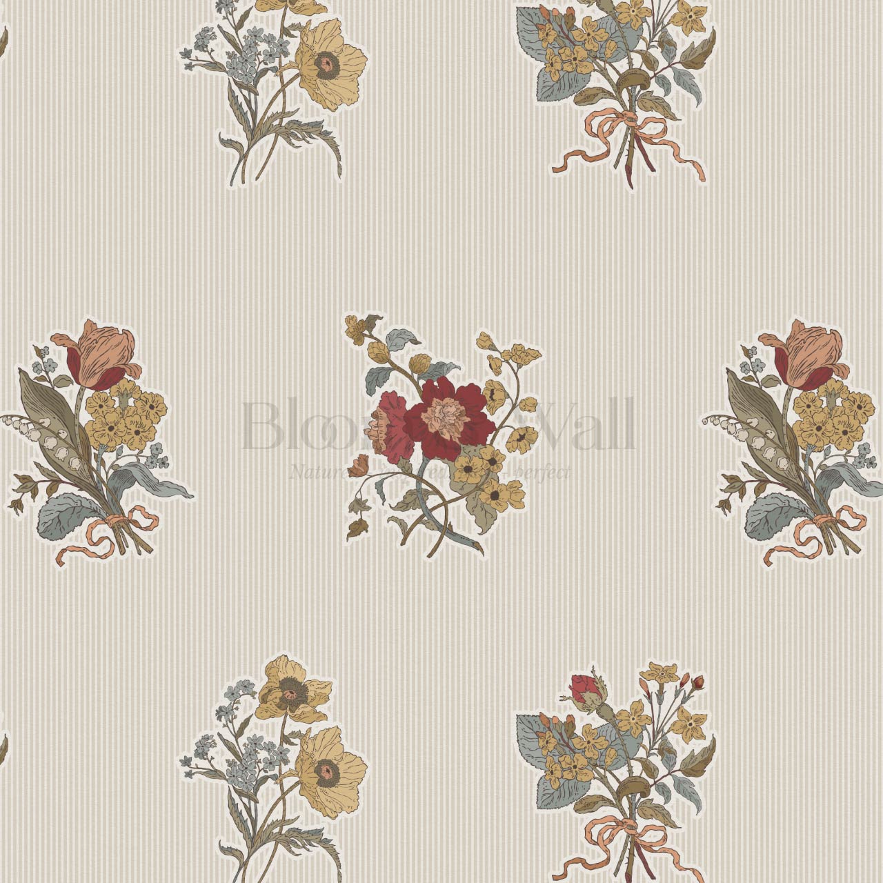 Florencia Antique Blooms Striped Almond Mustard Wallpaper