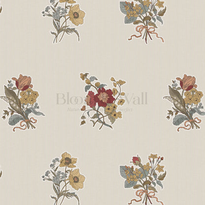 Florencia Antique Blooms Striped Almond Mustard Wallpaper