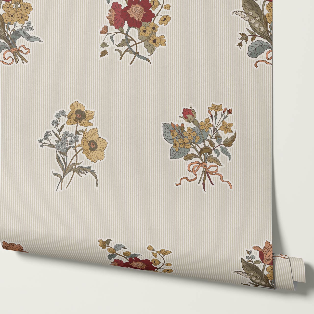 Florencia Antique Blooms Striped Almond Mustard Wallpaper