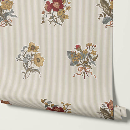Florencia Antique Blooms Striped Almond Mustard Wallpaper