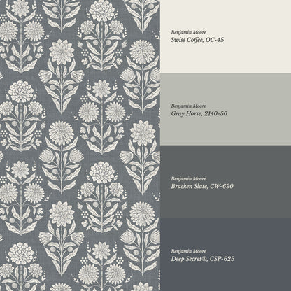 Floriane Vintage Floral Block Print Slate Wallpaper