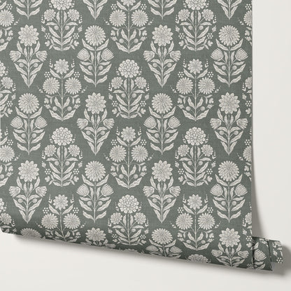 Floriane Vintage Floral Block Print Sage Wallpaper