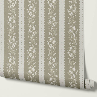 Francesca Blooming Stripes Deep Olive Wallpaper