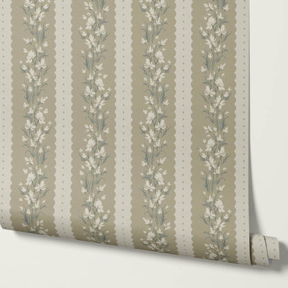 Francesca Blooming Stripes Olive Wallpaper