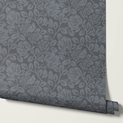 Gabriella Boho Birds and Floral Vines Slate Wallpaper
