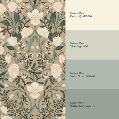 Galena Rose Vines Tan Forest Wallpaper