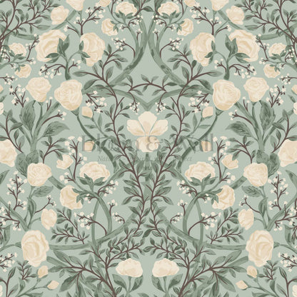 Galena Rose Vines Sage Cream Wallpaper
