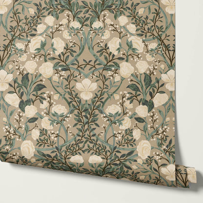 Galena Rose Vines Tan Forest Wallpaper