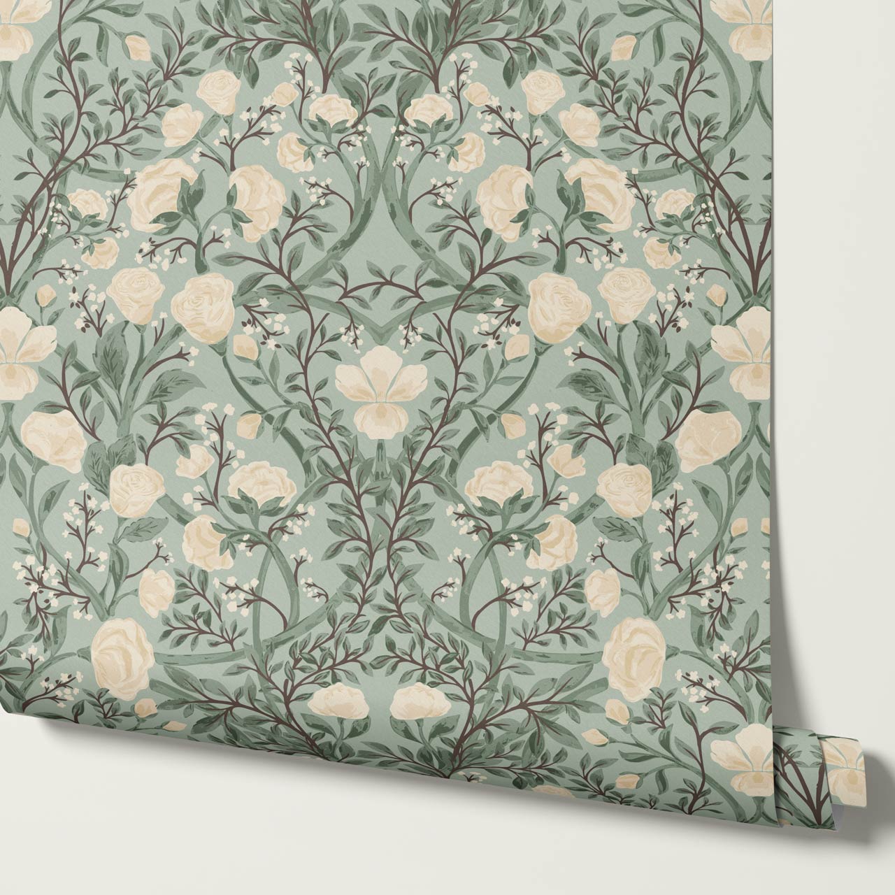 Galena Rose Vines Sage Cream Wallpaper