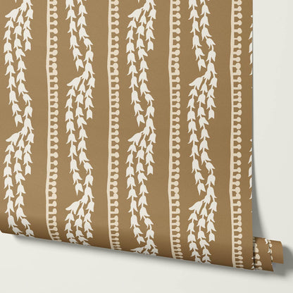 Genevieve Folk Vine Stripe Parchment Wallpaper
