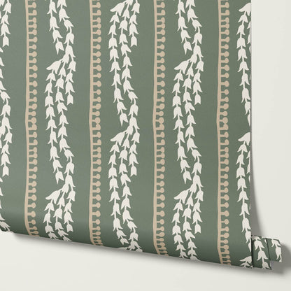 Genevieve Folk Vine Stripe Fern Wallpaper