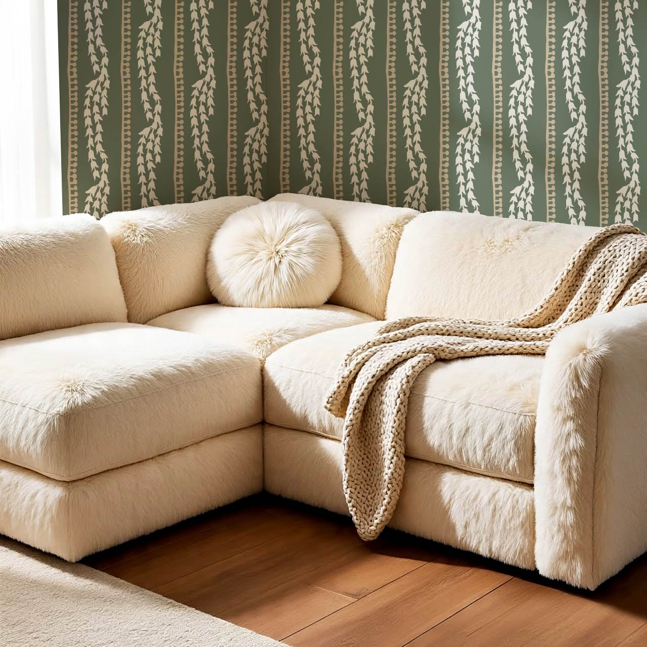 Genevieve Folk Vine Stripe Fern Wallpaper