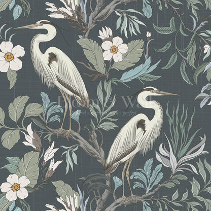 Genoveva Herons Slate Sage Ivory Wallpaper