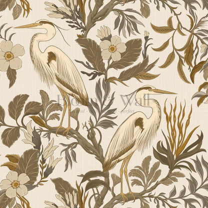 Genoveva Herons Ivory Deep Olive Ochre Wallpaper