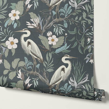 Genoveva Herons Slate Sage Ivory Wallpaper