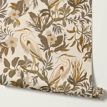 Genoveva Herons Ivory Deep Olive Ochre Wallpaper