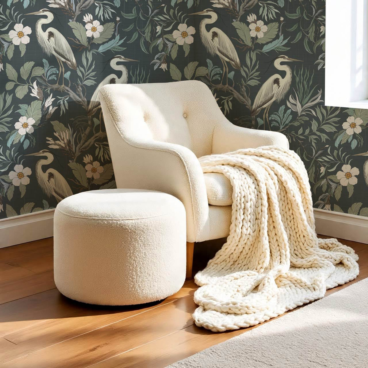 Genoveva Herons Slate Sage Ivory Wallpaper
